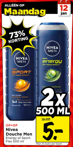  nivea douchegel 6 12 24 500 maandag men jan energy fresh effect sport body face hair shower gel ml douche fles extract 2x stuks 