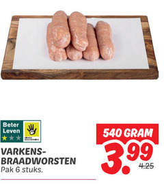  6 beter leven dieren bescherming varkens braadworsten pak stuks 3.99 
