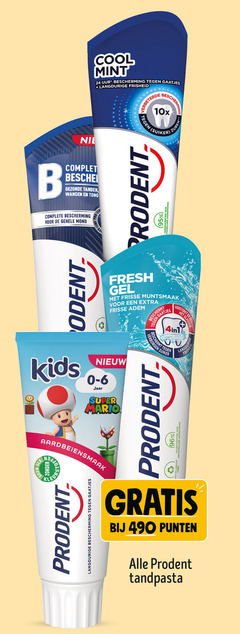  prodent tandpasta 15 24 96 cool mint uur bescherming gaatjes b tanden wangen tong mond suiker oorsprong zuren fresh gel frisse muntsmaak adem beschermt borgen vers kids jaar super mario natuurlijke aardbeiensmaak kleur punten 
