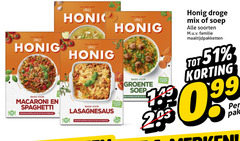  honig maaltijdmix soep 1867 tafel basis macaroni spaghetti boodschappenlijstje achterzijde lasagnesaus kruiden specerijen mix groente droge soorten familie maaltijdpakketten pak 