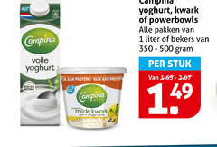  campina yoghurt kwark 1 350 500 1000 volle proteine rijk protein milde vleugje vanille pakken liter bekers stuk 