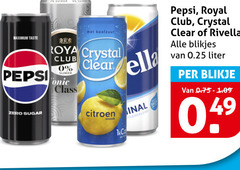  royal club pepsi rivella cola frisdrank taste zero sugar suiker roya class koolzuur crystal clear citroen smaak ella blikjes 0.25 liter blikje 
