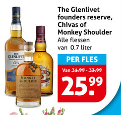  chivas regal glenlivet whisky monkey shoulder founders reserve flessen liter fles 