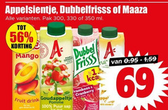  appelsientje maaza dubbelfrisss fruitdrank 40 69 100 300 330 350 pak ml mango ongezouten fruit drink goudappeltje you pomme puur sap dubbel frisss kca framboos cranberry rui minder 