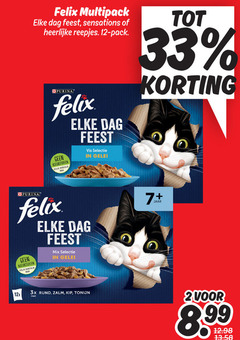  2 12 33 felix multipack dag feest sensations reepjes pack purina kleurstoffen vis gelei 12x mix 3x rund zalm kip tonijn 7 jaar 8 99 