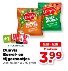  2 duyvis borrel nootjes tijger bacon 1 stickerpack tijgernootjes zakken 3.99 