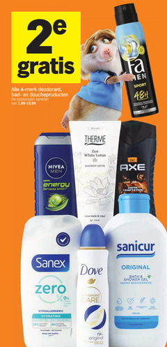  2 merk deodorant bad doucheproducten varieeren men sport therme nivea zen white lotus satin axe energy body mind sanex zero dove advanced care hydrating 72h original temptation sanicur bath shower gel dermo 