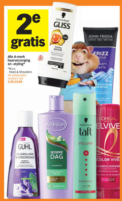  2 5 merk haarverzorging styling m.u.v head shoulders varieeren schwarzkopf gliss total repair john frieda frizz sulphate free shampoo guhl zilverglans verzorging dag elvive taft volume color vive conditioner salie hairspray 