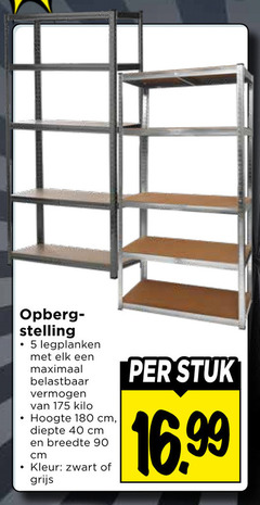  40 90 180 opberg stelling legplanken maximaal belastbaar vermogen kilo hoogte cm diepte breedte kleur zwart grijs stuk 