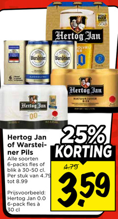 6 25 30 hertog jan olvei er warsteiner beer gold elecholfred ressol af -00- of warstei- ner pils alle soorten - packs fles 00 relishl blik e  30-50 cl . per stuk van 4.79 tot 8.99 prijsvoorbeeld   o.o pack natuurzuiver herreinelisme   korting 3.59
