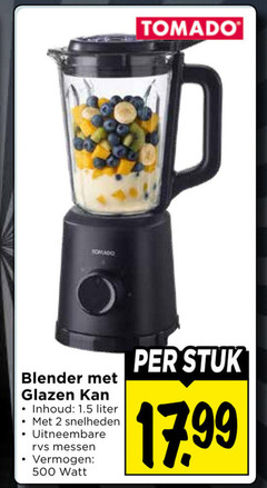  2 500 tomado blender glazen inhoud liter snelheden uitneembare rvs messen vermogen watt stuk 