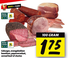  100 beter leven vlees coburger ovengebakken beenham pepercervelaat corned beef chorizo 