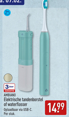 klik op dit plaatje voor een vergroting en voor vergelijkbare aanbiedingen gerelateerd aan
3 1499 -max jaar garantie ambiano elektrische tandenborstel of waterflosser oplaadbaar via usb - c . per stuk a 3 1499 -max jaar garantie ambiano elektrische tandenborstel of waterflosser oplaadbaar via usb - c . per stuk a