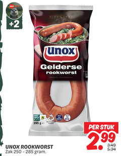 250 285 1937 deka  2 sinds unox gelderse rookworst bereid met kwaliteitsvlees beter bron van leven eiwitten b12     ge recyclebaar plastic zak - gram . per stuk 2.99 3.49 5.34 