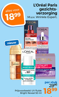  15 50 paris gezichts verzorging wrinkle expert nouveau revitalift laser eye bag instant eraser filler hyaluronzuur wallen serum loreal flutes puur hydrateert intensief le duo bright reveal hyaluronic acid fluide uv anti taches nacht aging huid voller geconcentreerd les ml stuk 