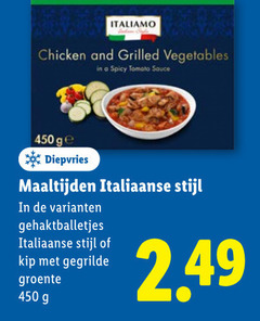  450 chicken and grilled vegetables spicy tomato sauce ge diepvries maaltijden italiaanse stijl gehaktballetjes kip gegrilde groente 