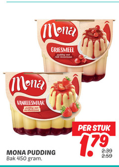  450 mona griesmeel pudding rode bessensaus vanillesmaak aardbeiensaus bak stuk 