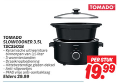  3 tomado slowcooker keramische uitneembare binnenpan 5 liter warmtestanden draaiknopbediening hittebestendige glazen deksel anti slipvoetjes vrije aanbaklaag elders high warm stuk 