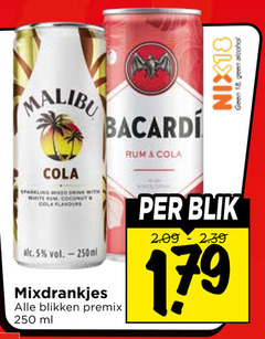  malibu bacardi mixdrank 5 18 250 rum cola sparkling mixed with white coconut flavours 250ml mixdrankjes blikken premix ml blik alcohol 