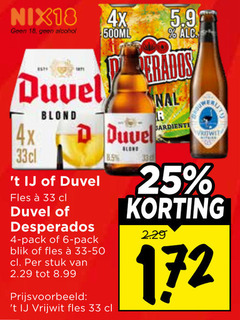  duvel desperados speciaalbieren 4 6 18 25 33 nix18 alcohol 4x blond 500ml fles pack blik stuk 