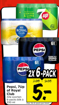  7-up pepsi royal club cola frisdrank 3 5 6 60 69 330 refreshing lemon lime taste up zero soorten blik ml sugar 2x pack 8x 