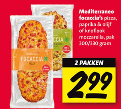  2 mediterraneo pizza paprika olijf knoflook mozzarella pak 300 330 focaccia pakken 