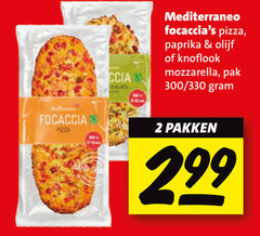  2 mediterraneo pizza paprika olijf knoflook mozzarella pak 300 330 focaccia pakken 