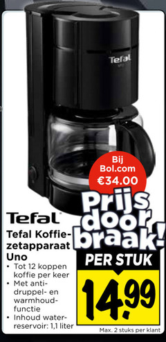  tefal koffiezetapparaat 2 12 bol.com koffie zetapparaat uno koppen keer druppel warmhoud functie inhoud water reservoir 1 liter stuk stuks 