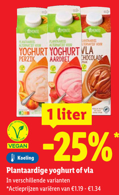  1 vemondo plantaardig alternatief yoghurt vla perzik aardbei chocolade label koeling liter plantaardige varieeren 