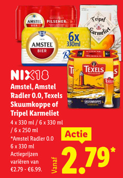  texels amstel karmeliet blikjes bier speciaalbieren 4 6 250 330 pilsener 6x 330ml r tripel nix18 radler 0.0 skuumkoppe ml varieeren 