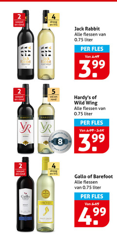  2 4 5 8 99 soepel rond jack rabbit primitivo pinot grigio droog fris flessen liter fles hardys chardonnay hamersma wild wing gallo family merlot medaille barefoot 