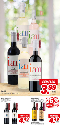  1 25 fris wit la soepel rood and hints tropical am rus sweet fruit rosee merlot full with velvety forest food friendly fles zuid afrika pinot grigio light dry aromas apple wine cabernet sauvignon smooth rounded ripe red berry flavours 3.99 spanje 5.99 tempranillo no.7 clasico 