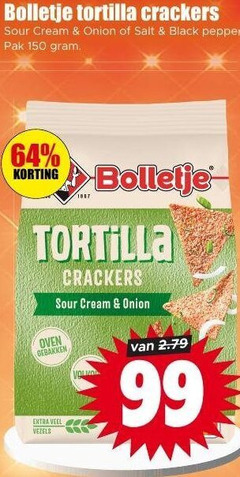  64 99 150 bolletje tortilla crackers sour cream onion salt black pepper pak oven gebakken vezels 