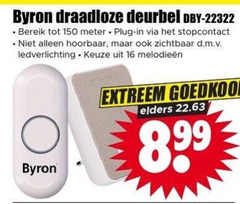  16 150 byron draadloze deurbel bereik meter plug stopcontact zichtbaar ledverlichting melodieeen extreem elders 
