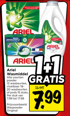  ariel wasmiddel 1 13 15 20 original rapid lave soorten poeder wasbeurten vloeibaar stuks stuk waspoeder color 