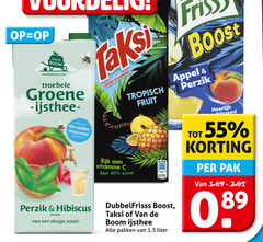  van de boom taksi dubbelfrisss ice tea fruitdrank 4 33 40 55 100 140 250 co troebele groene suiker boost tropisch fruit appel perzik rijk vitamine zuivel ml energie hibiscus vleugje ijsthee pakken liter frissend pak 