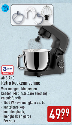 0 4999 8888 omblong -88 am 3jaar garantie ambiano retro keukenmachine voor mengen   kloppen en kneden . met instelbare snelheid pulsfunctie -1500 w rvs mengkom ca. 5l - kantelbare kop incl deeghaak menghaak garde per stuk 