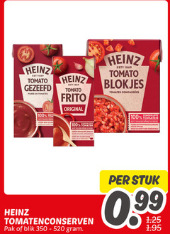 100 350 520 1869 heinz esto tomato gezeefd pureee de tomates   on tom mories voor een rijke pour un gout say est frito original zongerijpte tomaten huries au solel smaak goot savoureux kant - en klare basis base deeje  preepareee estp blokjes concasseees soleil onweerstaanbare volle goe t plein irresistible tomatenconserven pak of blik gram . per stuk 0 99 1.25 1.95 