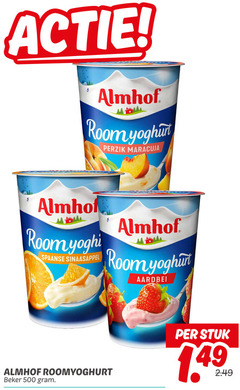 149 500 actie   almhof room yoghu perzik maracuja yoghi spaanse sinaasappel yoghurt aardbei roomyoghurt beker gram . per stuk 2.49 