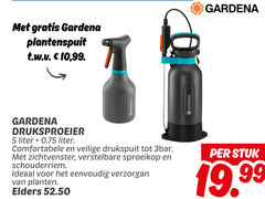 5 met gratis gardena plantenspuit t.w.v.     10 99 . druksproeier liter  0.75 comfortabele en veilige drukspuit tot 3bar zichtvenster   verstelbare sproeikop schouderriem ideaal voor het eenvoudig verzorgan van planten elders 52.50 per stuk 19.99 