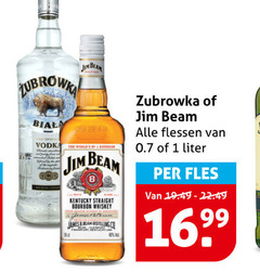 1 40 1699 zubrow bia  a jim beam vodka the bourdon deam 70d b kentucky straight bourbon whiskey james b.beam distilling   vol zubrowka of alle flessen van 0.7 liter per fles 19.49 - 22.49