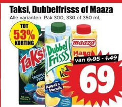  dubbelfrisss maaza taksi fruitdrank 69 300 330 350 pak ml dubbel fruit frisss appel perzik 