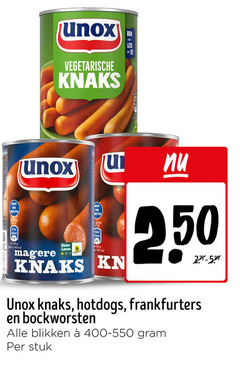 100 187 unox vegetarische knaks van gwitten 100g 6 140 kcal magere beter leven         kn nu 2.50 275-5.99   hotdogs frankfurters en bockworsten alle blikken e  400-550 gram per stuk 