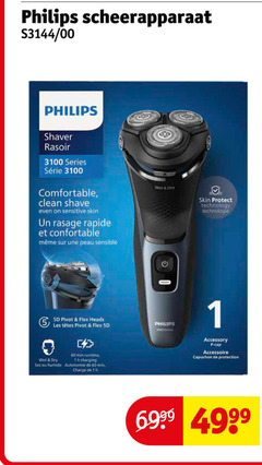  1 60 3100 philips scheerapparaat 00 shaver series clean shave sensitive skin rasage peau sensible wet dry protect technology technologie pivot flex heads les accessory min charging humide charge cap accessoire capuchon protection 