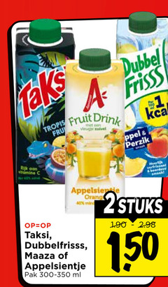  appelsientje dubbelfrisss maaza taksi fruitdrank 40 100 150 fruit drink dubbel frisss perzik kca rijk vitamine orang mind pak ml hear 2stuks 