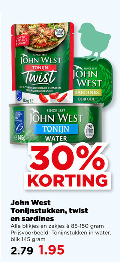  john west sardientjes tonijn in blik 30 256 salades klaar certified since twist ovengedroogde tomaten seafood kruidendressing sardines olijfolie water eiwit tonijnstukken blikjes zakjes 