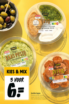  tapas 3 6 mix jumbo dip kaas pesto gewicht nutri score b vegetarisch trio mediterraanse stijl aioli groene logo combinaties beter snackbal pittig 