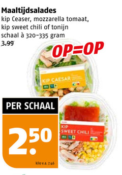  maaltijdsalade 250 maaltijdsalades kip caesar mozzarella tomaat sweet chili tonijn schaal 3.99 kilo v.a. 