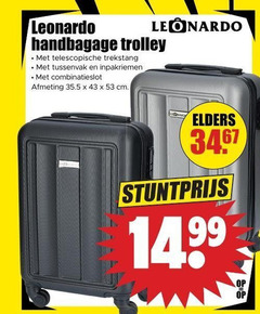  trolley leonardo handbagage telescopische trekstang inpakriemen combinatieslot cm elders 