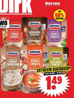  unox soep 25 zak ml tomaat groente grof gesneden prei gehaktballetjes vermicelli rijkgevuld hongaarse goulash rundvlees paprika aardappel rijk vezels eiwitten chinese tomaten lente mie groenten b romige champignon ui bieslook zongedroogde mascarpone hollandse erwten extreem 